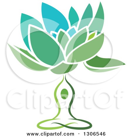 Clipart of a Green and Blue Water Lily Lotus Flower and Meditating Person - Royalty Free Vector Illustration by Lal Perera