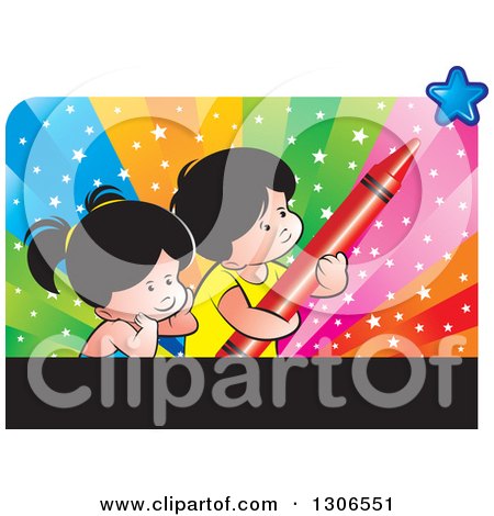 Clipart of a School Boy and Girl with a Red Crayon and Star over Colors - Royalty Free Vector Illustration by Lal Perera