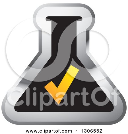 Clipart of a Gradient Orange Check Mark over a Black and Silver Laboratory Flask - Royalty Free Vector Illustration by Lal Perera