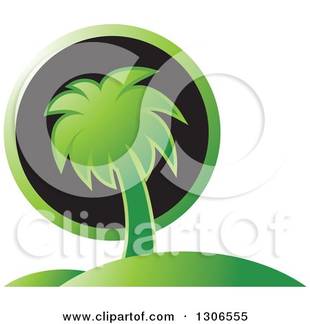 Clipart of a Green Palm Tree, Hill and Black Sun Travel Design - Royalty Free Vector Illustration by Lal Perera