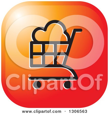 Clipart of a Gradient Orange Sunset Square Icon with a Cloud Shopping Cart - Royalty Free Vector Illustration by Lal Perera