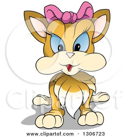 Clipart of a Cartoon Blue Eyed Female Ginger Cat Sitting and Wearing a Pink Bow - Royalty Free Vector Illustration by dero