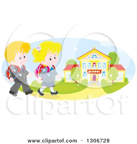Clipart of Cartoon Happy Caucasian School Children Walking to a Building - Royalty Free Vector Illustration by Alex Bannykh