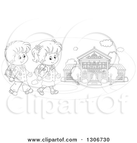 Lineart Clipart of Cartoon Black and White Happy School Children Walking to a Building - Royalty Free Outline Vector Illustration by Alex Bannykh