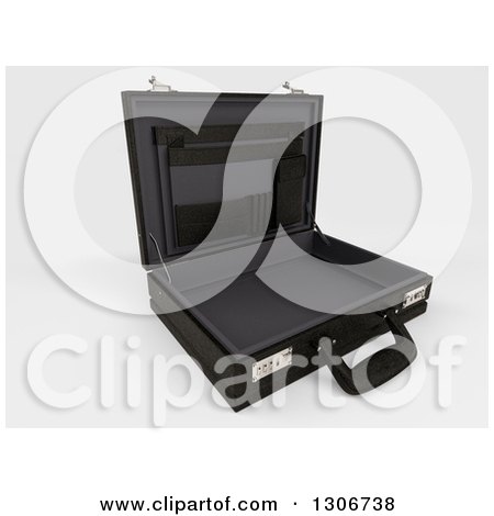 Clipart of a 3d Open Black Professional Briefcase Tilted to the Right on Shaded White - Royalty Free Illustration by KJ Pargeter