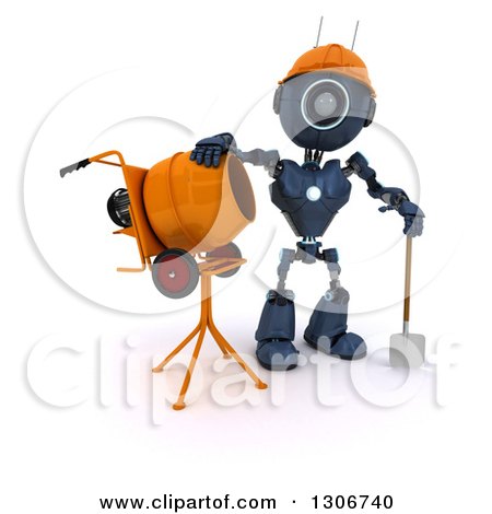 Clipart of a 3d Blue Android Robot Construction Worker Standing by a Cement Mixer - Royalty Free Illustration by KJ Pargeter
