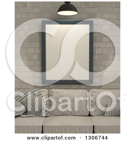Clipart of a 3d Beige Sofa and Blank Frame Against a Brick Wall - Royalty Free Illustration by KJ Pargeter