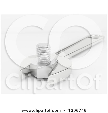 Clipart of a 3d Spanner Wrench with a Nut and Bolt on Shaded White - Royalty Free Illustration by KJ Pargeter