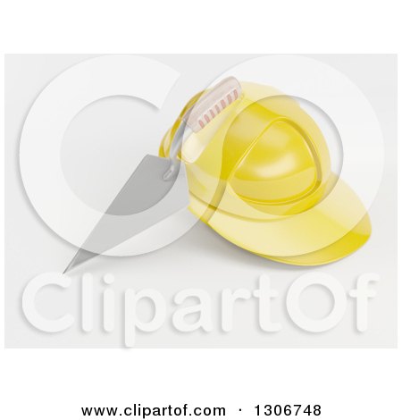 Clipart of a 3d Mason Trowel and Yellow Hard Hat on Shaded White - Royalty Free Illustration by KJ Pargeter