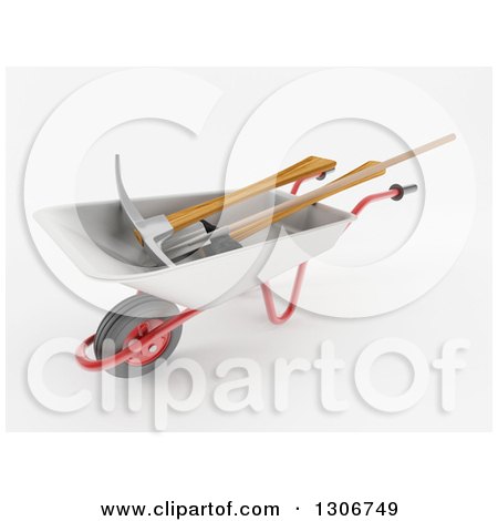 Clipart of a 3d Construction Wheelbarrow with a Pickaxe Shovel and Sledgehammer, on Shaded White - Royalty Free Illustration by KJ Pargeter