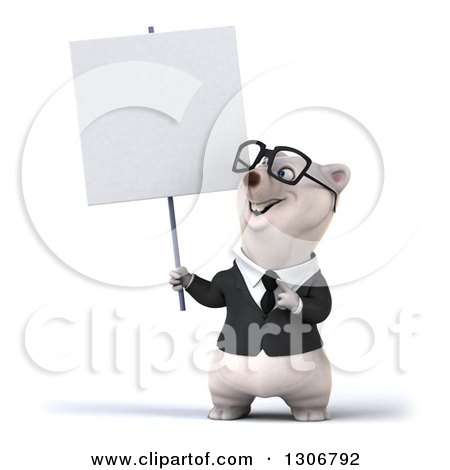 Clipart of a 3d Bespectacled Happy Business Polar Bear Holding and Pointing to a Blank Sign - Royalty Free Illustration by Julos
