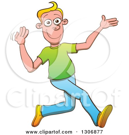 Clipart of a Cartoon Happy Blond White Man Walking and Inviting for You to Follow - Royalty Free Vector Illustration by Zooco