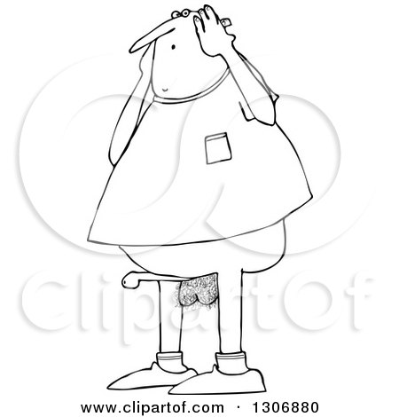 Lineart Clipart of a Cartoon Black and White Pantless Chubby Nude Man Embarassed over a Boner - Royalty Free Outline Vector Illustration by djart