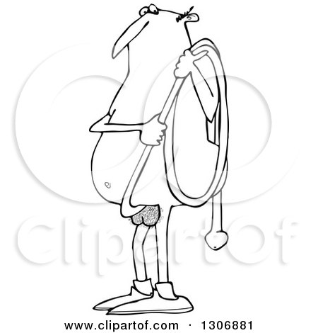 Lineart Clipart of a Cartoon Black and White Chubby Nude Man Carrying His Long Hose Penis - Royalty Free Outline Vector Illustration by djart
