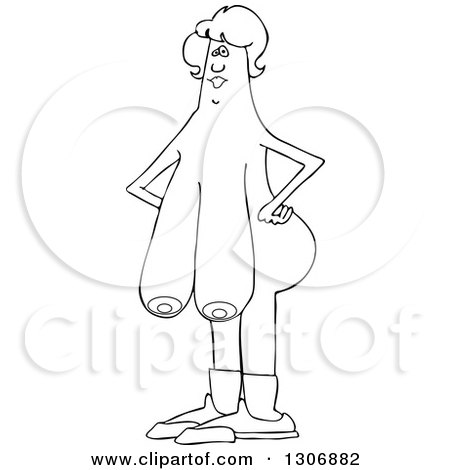 Lineart Clipart of a Black and White Chubby Nude Woman with Long Boobs, Wearing Only Socks and Shoes - Royalty Free Outline Vector Illustration by djart