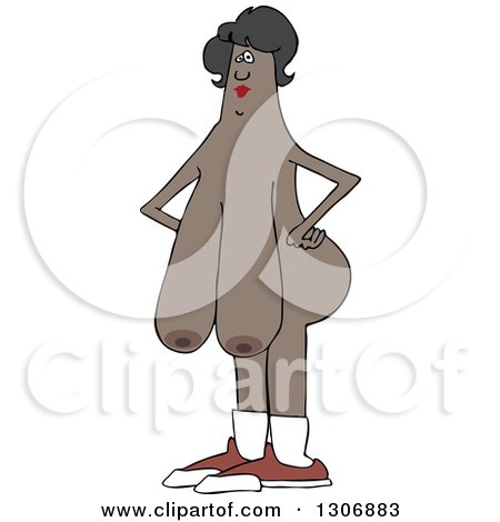 Clipart of a Chubby Nude Black Woman with Long Boobs, Wearing Only Socks and Shoes - Royalty Free Vector Illustration by djart