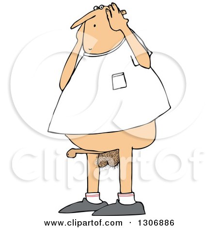 Clipart of a Cartoon Pantless Chubby Nude White Man Embarassed over a Boner - Royalty Free Vector Illustration by djart