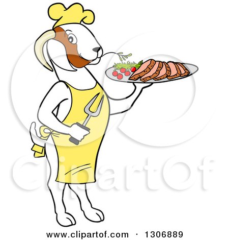 Clipart of a Cartoon Red and White Male Boer Goat Buck Chef Wearing an Apron, Standing Upright and Holding a Tray of Meat - Royalty Free Vector Illustration by LaffToon