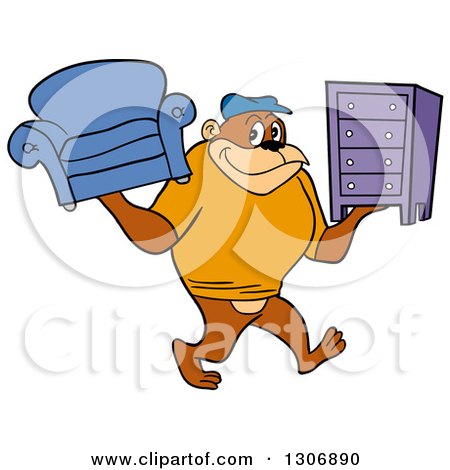 Clipart of a Cartoon Happy Gorilla Mover Carrying a Couch and Dresser - Royalty Free Vector Illustration by LaffToon