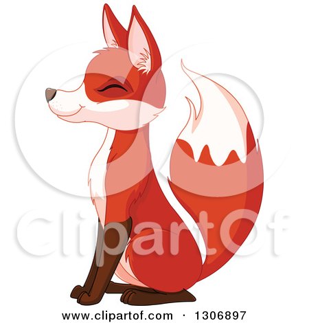 Clipart of a Cute Happy Sitting Fox Smiling with Its Eyes Closed and Facing Left - Royalty Free Vector Illustration by Pushkin