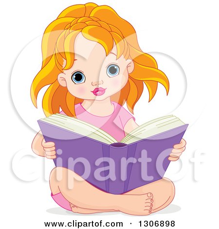 Clipart of a Cute Blue Eyed, Strawberry Blond White Girl Sitting on the Floor and Reading a Big Book - Royalty Free Vector Illustration by Pushkin