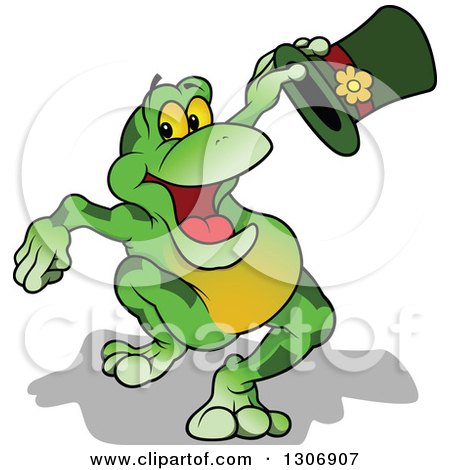 Clipart of a Cartoon Happy Presenting Green Frog Holding a Top Hat - Royalty Free Vector Illustration by dero