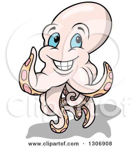 Clipart of a Cartoon Happy Blue Eyed Beige Colored Octopus - Royalty Free Vector Illustration by dero