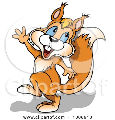 Clipart of a Cartoon Happy Blue Eyed Squirrel Walking and Waving - Royalty Free Vector Illustration by dero