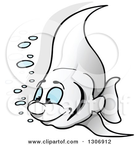Clipart of a Cartoon Happy White Marine Fish with Bubbles, Facing Left - Royalty Free Vector Illustration by dero