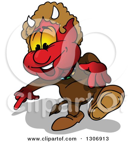 Clipart of a Cartoon Red Devil Walking and Pointing down - Royalty Free Vector Illustration by dero