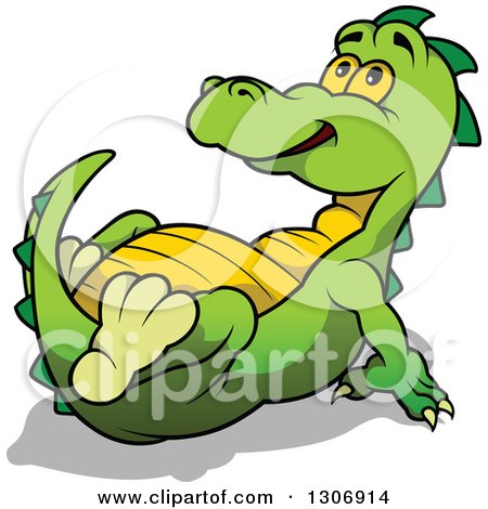 Clipart of a Cartoon Awed Green Dinosaur Resting and Leaning Back While Looking up - Royalty Free Vector Illustration by dero