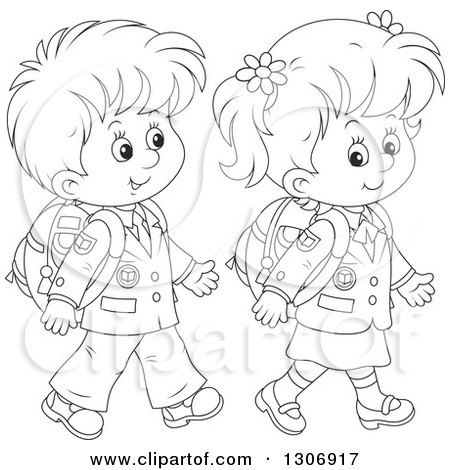 Lineart Clipart of Cartoon Black and White Happy School Children Walking - Royalty Free Outline Vector Illustration by Alex Bannykh