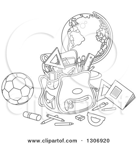 Lineart Clipart of a Cartoon Black and White School Backpack Bag with Supplies, a Desk Globe and Soccer Ball - Royalty Free Outline Vector Illustration by Alex Bannykh