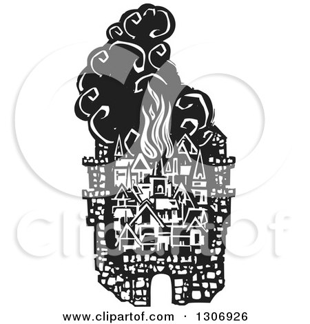 Clipart of a Black and White Woodcut Fortified City with Burning Buildings - Royalty Free Vector Illustration by xunantunich
