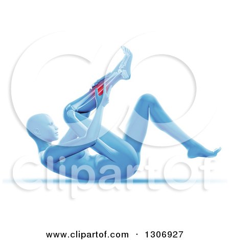 Clipart of a 3d Blue Anatomical Woman Laying on Her Back and Holding a Painful Calf, with Visible Leg Bones on White - Royalty Free Illustration by KJ Pargeter