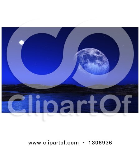Clipart of a 3d Alien Ocean Landscape and Moon with Night Sky - Royalty Free Illustration by KJ Pargeter