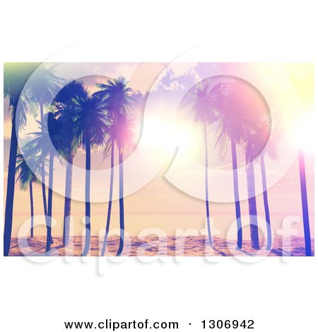 Clipart of a 3d Vintage Designed Sunset Sky and Sunshine Through Palm Trees on a Tropical Beach - Royalty Free Illustration by KJ Pargeter