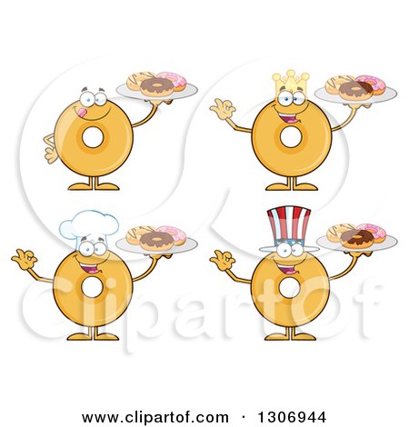 Clipart of Cartoon Happy Round Plain or Glazed Donut Characters Holding Trays of Doughnuts - Royalty Free Vector Illustration by Hit Toon