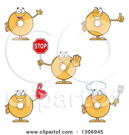 Clipart of Cartoon Happy Round Plain or Glazed Donut Characters Waving, Giving a Thumb Up, Stopping, Wearing a Foam Finger and a Chef - Royalty Free Vector Illustration by Hit Toon