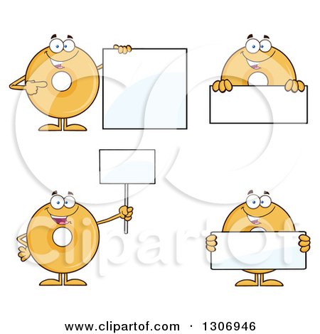 Clipart of Cartoon Happy Round Plain or Glazed Donut Characters with Blank Signs - Royalty Free Vector Illustration by Hit Toon