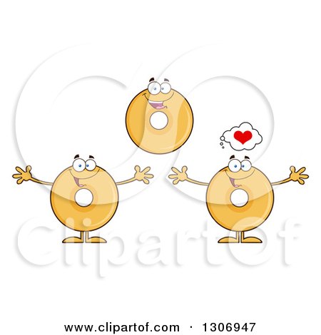Clipart of Cartoon Happy Round Plain or Glazed Donut Characters Smiling and Welcoming - Royalty Free Vector Illustration by Hit Toon