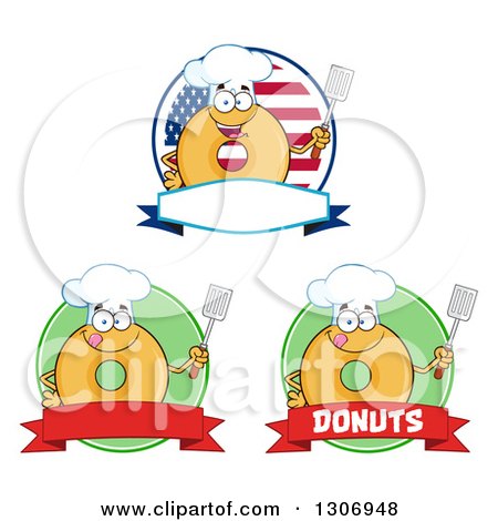 Clipart of Cartoon Labels of Round Glazed or Plain Chef Donut Characters Holding Spatulas - Royalty Free Vector Illustration by Hit Toon