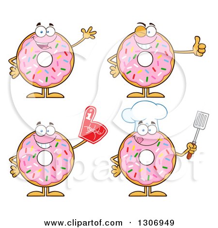 Clipart of Cartoon Happy Round Pink Sprinkled Donut Characters Waving, Giving a Thumb Up, Wearing a Foam Finger and Holding a Spatula - Royalty Free Vector Illustration by Hit Toon