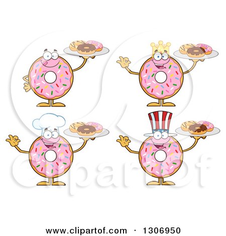 Clipart of Cartoon Happy Round Pink Sprinkled Donut Characters Holding Trays of Doughnuts - Royalty Free Vector Illustration by Hit Toon