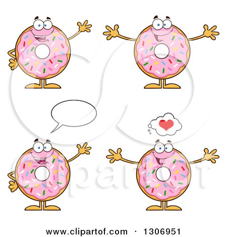 Clipart of Cartoon Happy Round Pink Sprinkled Donut Characters Waving and Welcoming - Royalty Free Vector Illustration by Hit Toon