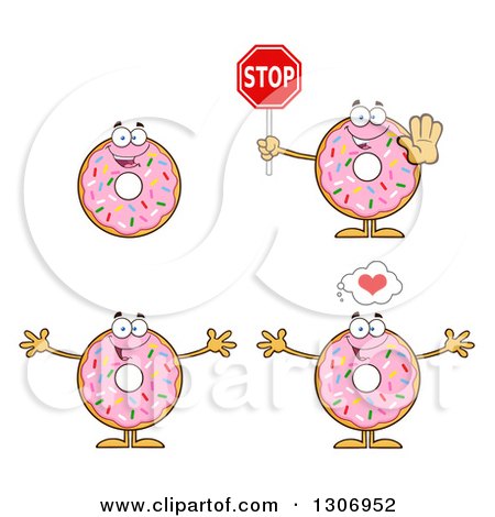 Clipart of Cartoon Happy Round Pink Sprinkled Donut Characters Holding a Stop Sign, and Welcoming - Royalty Free Vector Illustration by Hit Toon