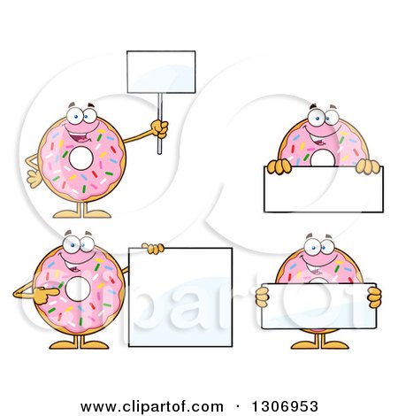 Clipart of Cartoon Happy Round Pink Sprinkled Donut Characters Holding Blank Signs - Royalty Free Vector Illustration by Hit Toon