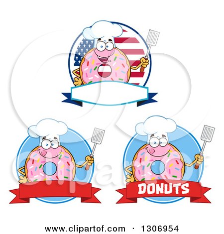 Clipart of Cartoon Happy Round Pink Sprinkled Donut Chef Characters Holding Spatulas over American and Blue Circles and Banners - Royalty Free Vector Illustration by Hit Toon