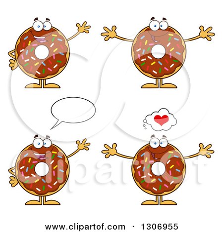 Clipart of Cartoon Happy Round Chocolate Sprinkled Donut Characters Waving, Welcoming and Talking - Royalty Free Vector Illustration by Hit Toon
