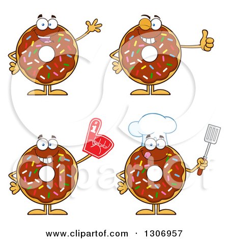Clipart of Cartoon Happy Round Chocolate Sprinkled Donut Characters Waving, Giving a Thumb Up, Wearing a Foam Finger and Holding a Spatula - Royalty Free Vector Illustration by Hit Toon